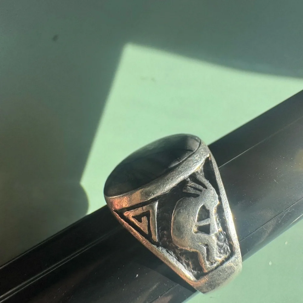 Tourmalinated Quartz and Kokopelli 925 Sterling Silver Navajo Ring Size 9.5 12g
